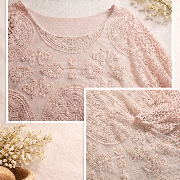 Blush Pink Lace Boho Top Long Sleeve Sheer Crochet Embroidered Blouse - Picture 2 of 2